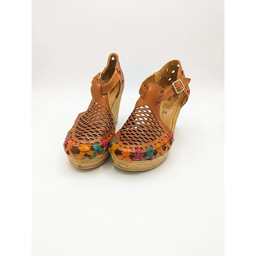 Vintage Mexican Huarache Leather Wedge Sandals Multicolor Woven T-Strap 7/24